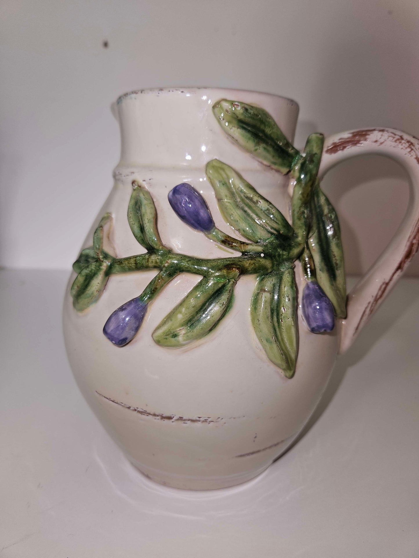 Large Ceramic Pitcher With Leaf Design